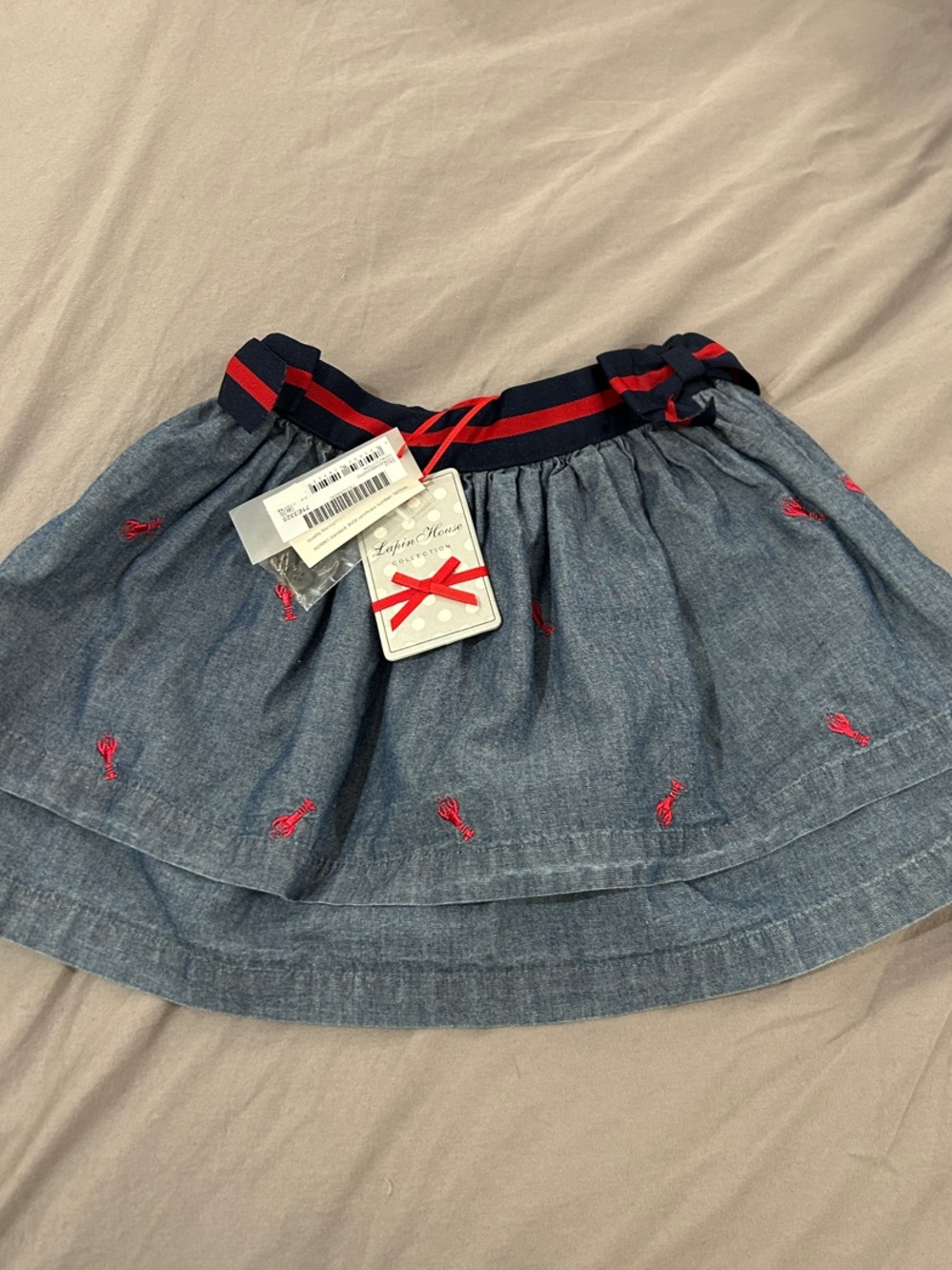 NWT Lapin House Blue Chambray Tiered Skirt with Red Embroidery